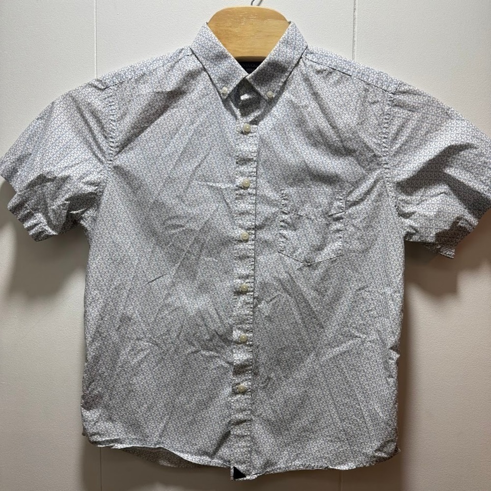 UNTUCKIT Mens Medium Short‎ Sleeve Button Down Shirt White Blue Bicycle Print